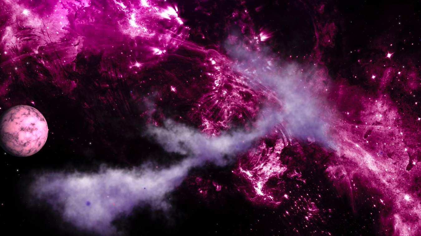 short film still of magenta-coloured universe